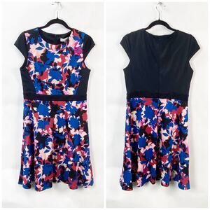 Wisp 10 Petite Womens Black Multicolor Floral Print Cap Sleeve A-line Midi Dress